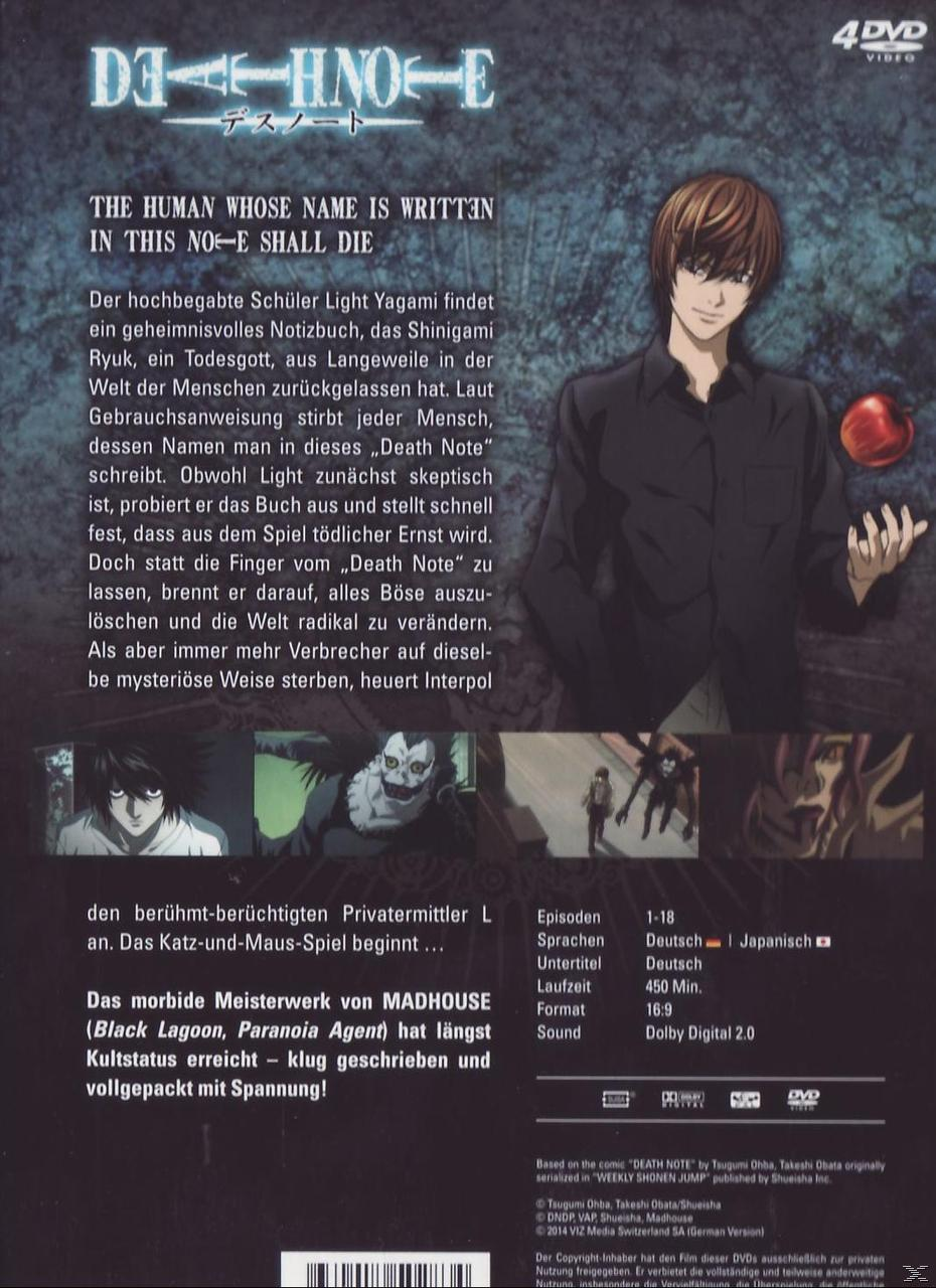 DVD-Rückseite mit Text, Bildern aus dem Anime Death Note und einem roten Apfel.