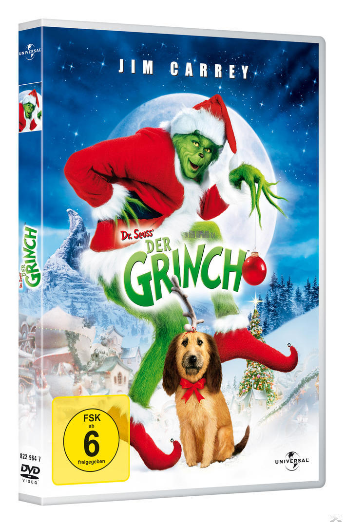 DVD-Cover von Der Grinch mit Jim Carrey als grüne Grinch-Figur und einem Hund mit Rentiergeweih im Schnee.