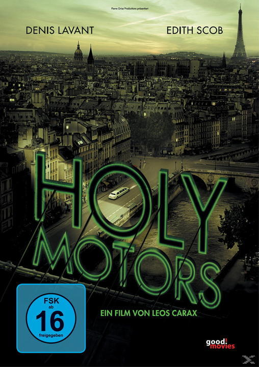 Filmposter mit Stadtlandschaft und Eiffelturm; der Titel HOLY MOTORS ist prominent.