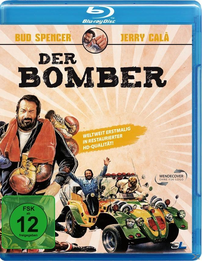 Filmcover, Bud Spencer mit Boxhandschuhen, Jerry Calà, Titel 'Der Bomber'. Ein Auto mit Personen, FSK 12 Aufkleber.