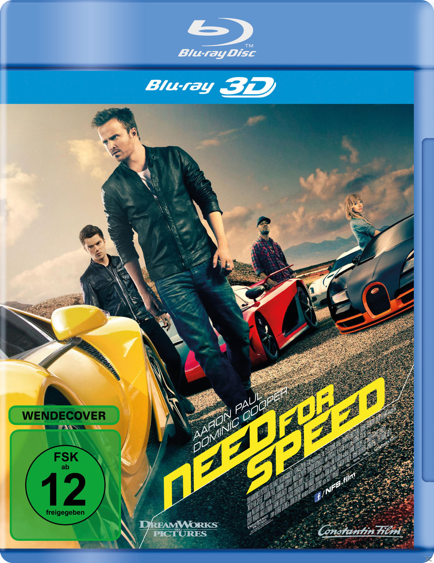 Filmcover. Ein Mann steht neben einem gelben Auto. Need for Speed-Titel, 3 weitere Autos im Hintergrund.