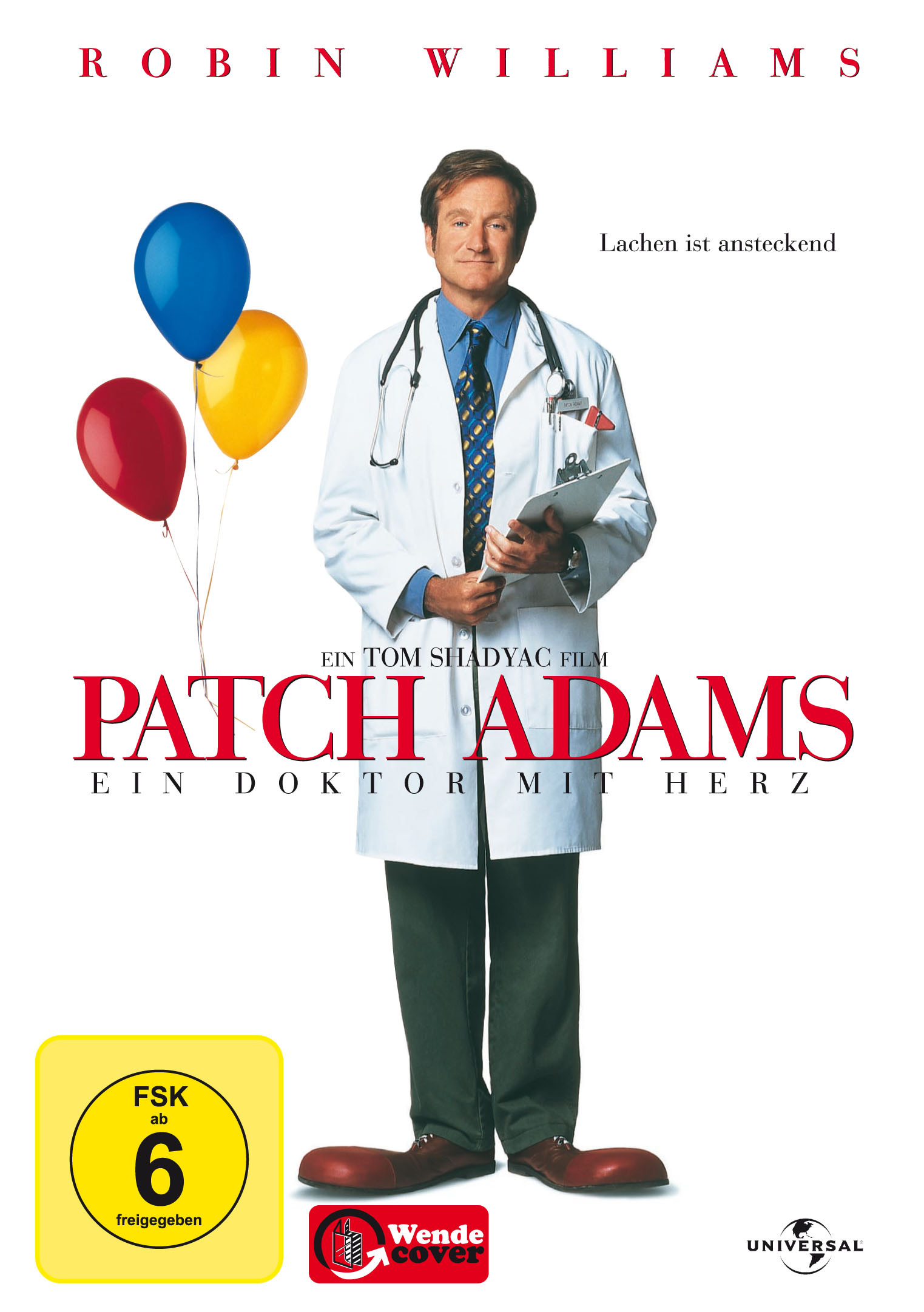 DVD-Cover. Mann im weißen Mantel hält Klemmbrett, drei Ballons schweben. Filmtitel: PATCH ADAMS.