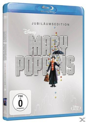 Blu-ray-Cover. Film 'Mary Poppins'. Frau mit Schirm und Filmtitel.