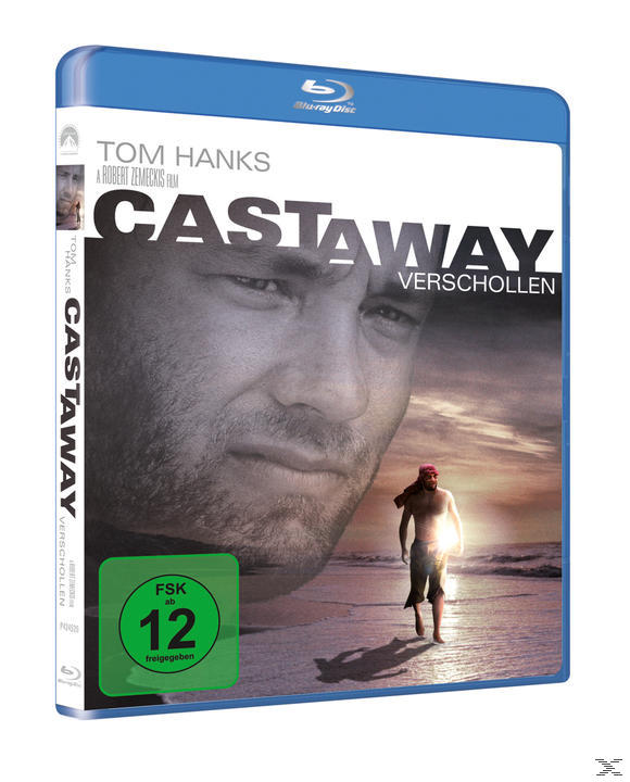 Blu-ray-Cover von 'Cast Away', mit Tom Hanks' Gesicht und einem Mann, der am Strand geht.