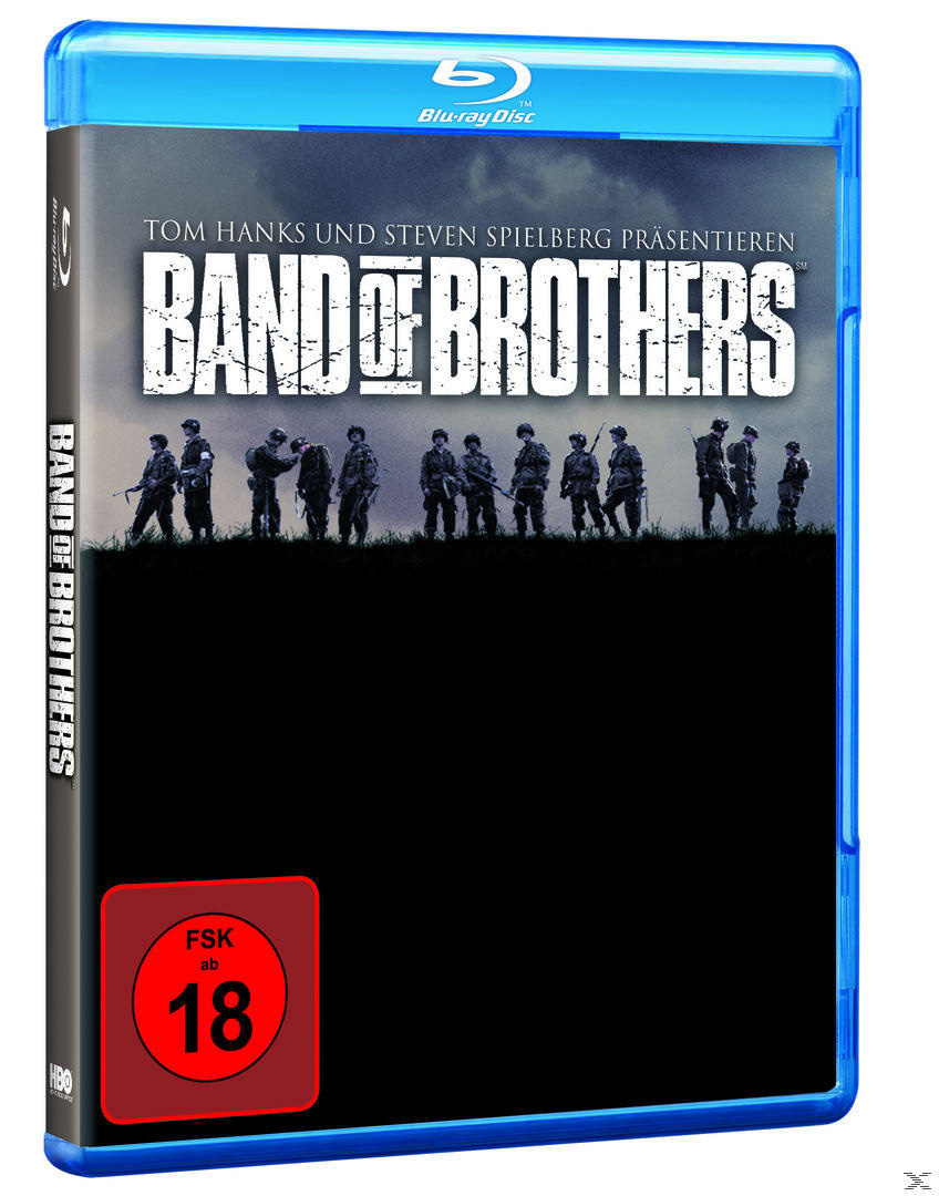 DVD-Hülle mit blauem Cover mit dem Film Band of Brothers, mit Soldaten und Text.