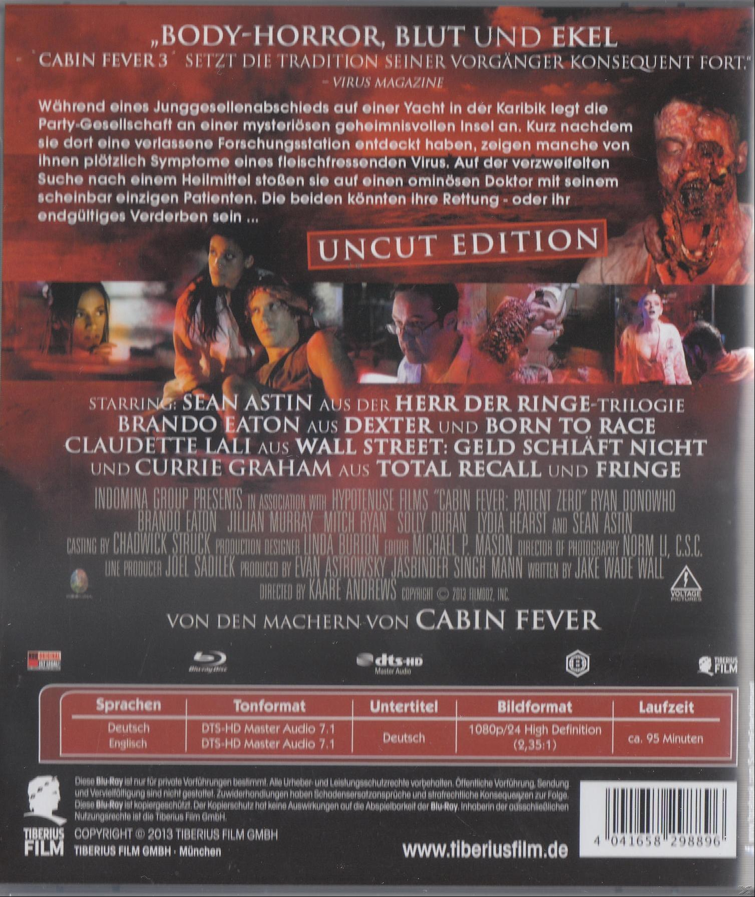 Rückseite einer Cabin Fever DVD. Text und Bilder sind vorhanden. Der Hintergrund ist dunkel.
