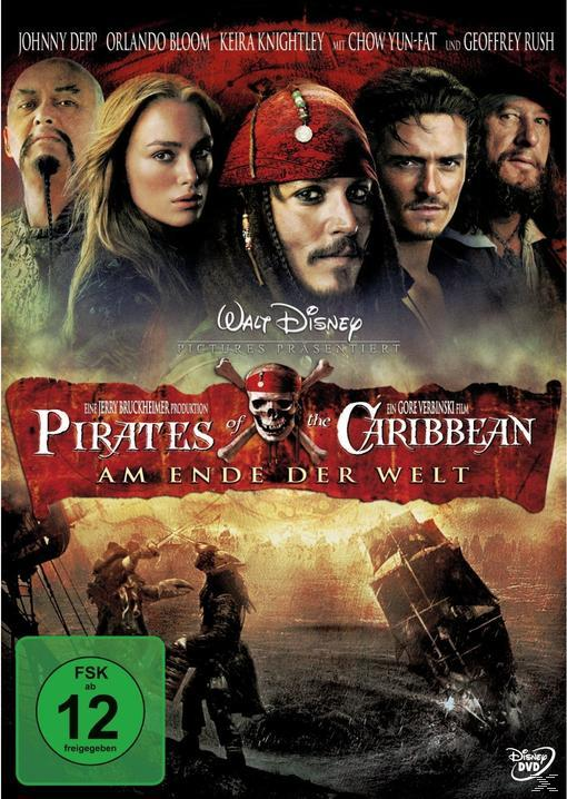 Pirates of the Caribbean DVD-Cover. Schauspieler oben. Piraten auf Schiff unten.