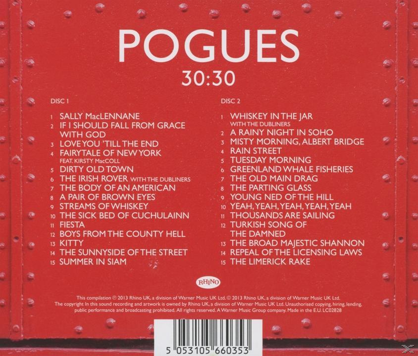 Pochette d'album : Fond rouge avec texte 'Pogues' et une liste des titres, avec un code-barres en bas.