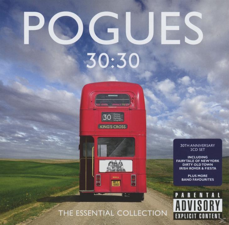 Pochette d'album de The Pogues, un bus à impériale rouge et un ciel nuageux. Titre : 30:30.