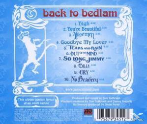 Albumcover: Hellblauer Hintergrund mit Zeichnung, Titelliste und Text 'back to bedlam'.