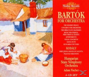 Albumcover mit rotem Hintergrund, Text und einer Zeichnung von Menschen, die vor einem Haus sitzen. Titel: Bartok for Orchestra.