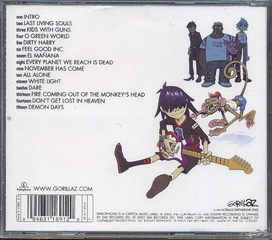 Albumcover. Gorillaz-Cartoonfiguren. Trackliste. Weißer Hintergrund. Die Affen haben Spaß.