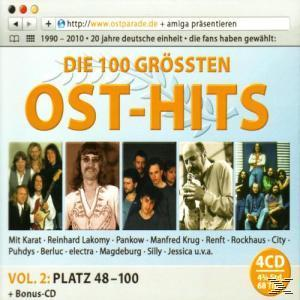 CD-Cover mit verschiedenen Fotos und Text in Orange. 'Die 100 Grössten Ost-Hits' in großer Schrift.