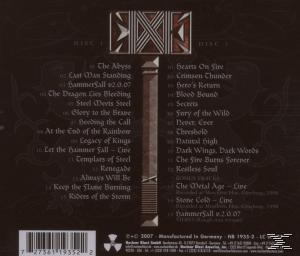 Rückseite eines CD-Cases mit Titellisten und Logo. Der Text enthält "HAMMERFALL" und "Riders of the Storm".