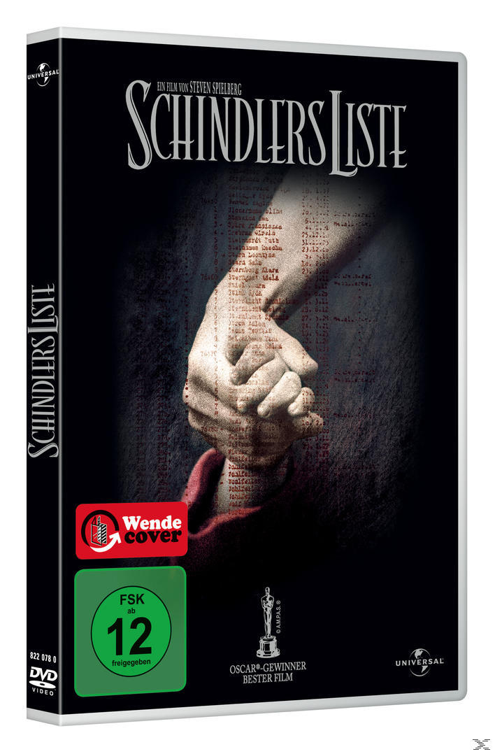 DVD-Cover von 'Schindlers Liste'. Hände gefasst, mit Titel und grünem FSK 12-Aufkleber.