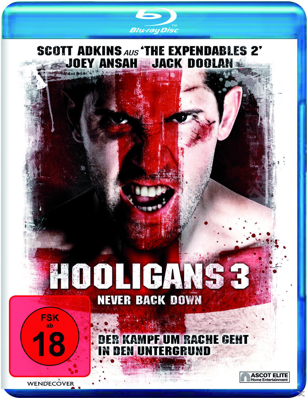 Mann mit rot gestrichenem Gesicht. Text: HOOLIGANS 3. Text: NEVER BACK DOWN. Text: DER KAMPF UM RACHE GEHT IN DEN UNTERGRUND.
