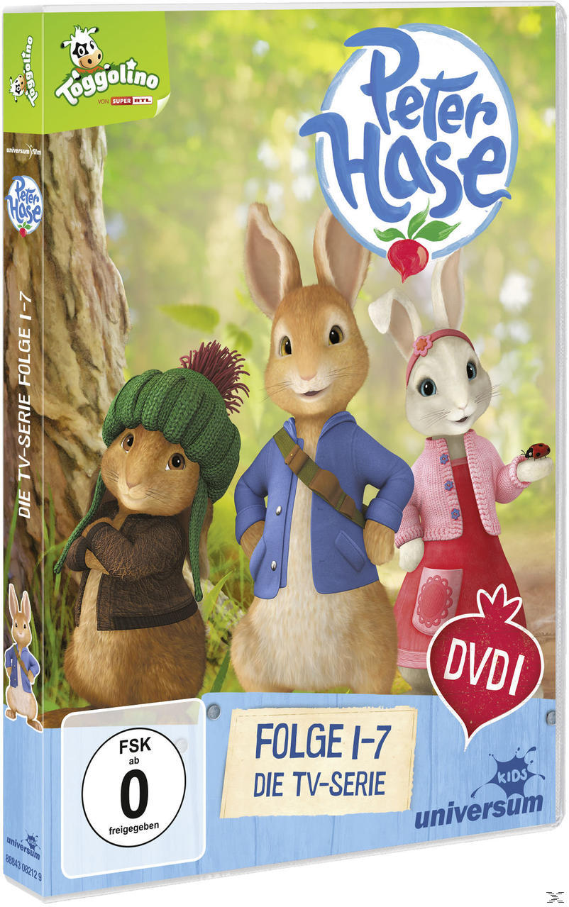 DVD-Cover von Peter Hase. Drei Hasen vorne. Grüner Hintergrund mit Bäumen.
