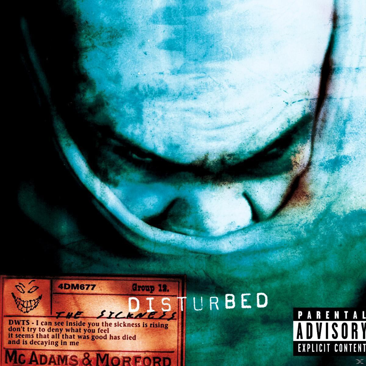 Albumcover: Gesicht mit Make-up, Titel: Disturbed - The Sickness. Elternhinweis-Label vorhanden.