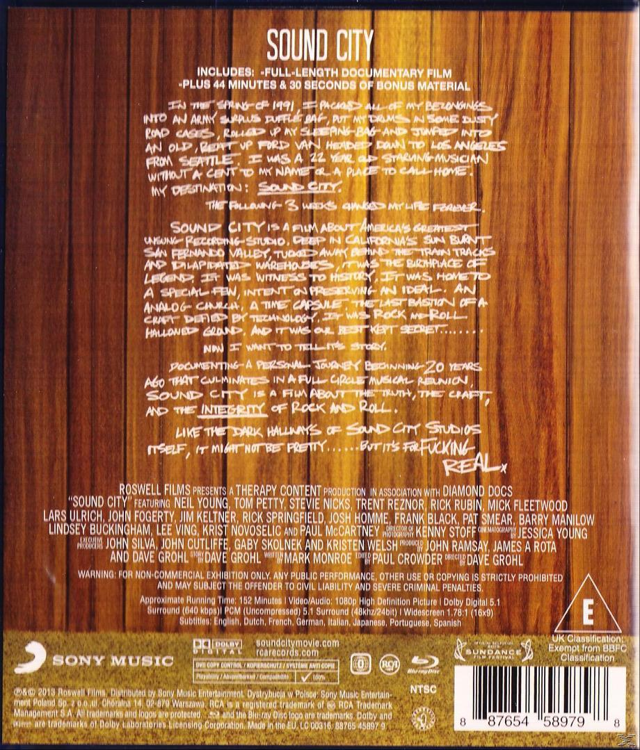 Text auf schwarzem Hintergrund. 'Sound City' in Weiß. Enthält Details zu einer Dokumentation und Bonusmaterial.