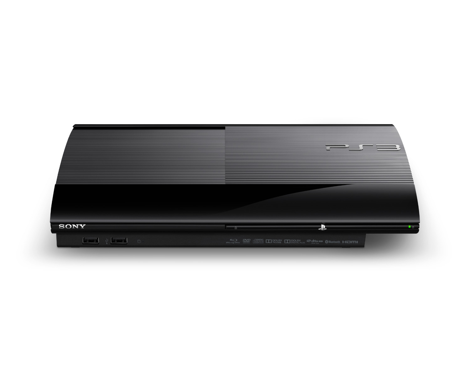 Eine schwarze Sony PS3-Konsole. Sie ist rechteckig mit glänzender Oberfläche und PS3-Logo.