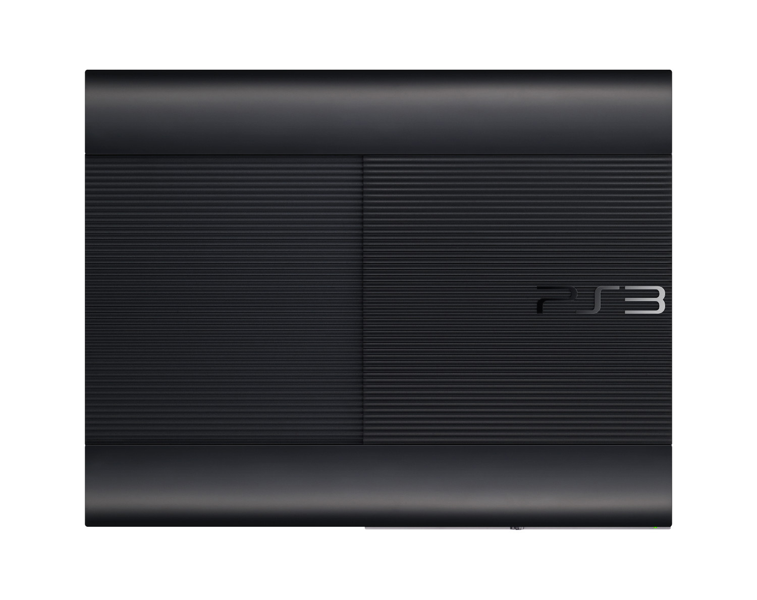Schwarze PlayStation 3 Konsole. Die Oberseite hat horizontale Linien und das PS3 Logo.