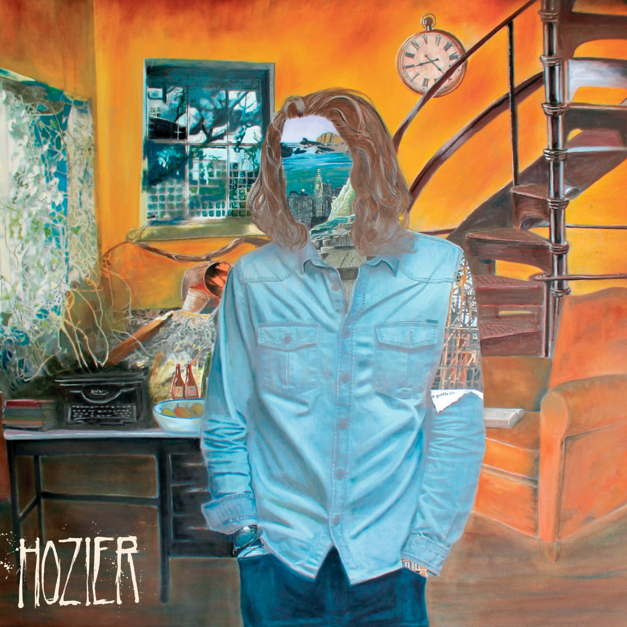 Albumcover. Das Gesicht eines Mannes wird durch eine Szene ersetzt. Der Hintergrund ist orange mit Tisch und Wendeltreppe.