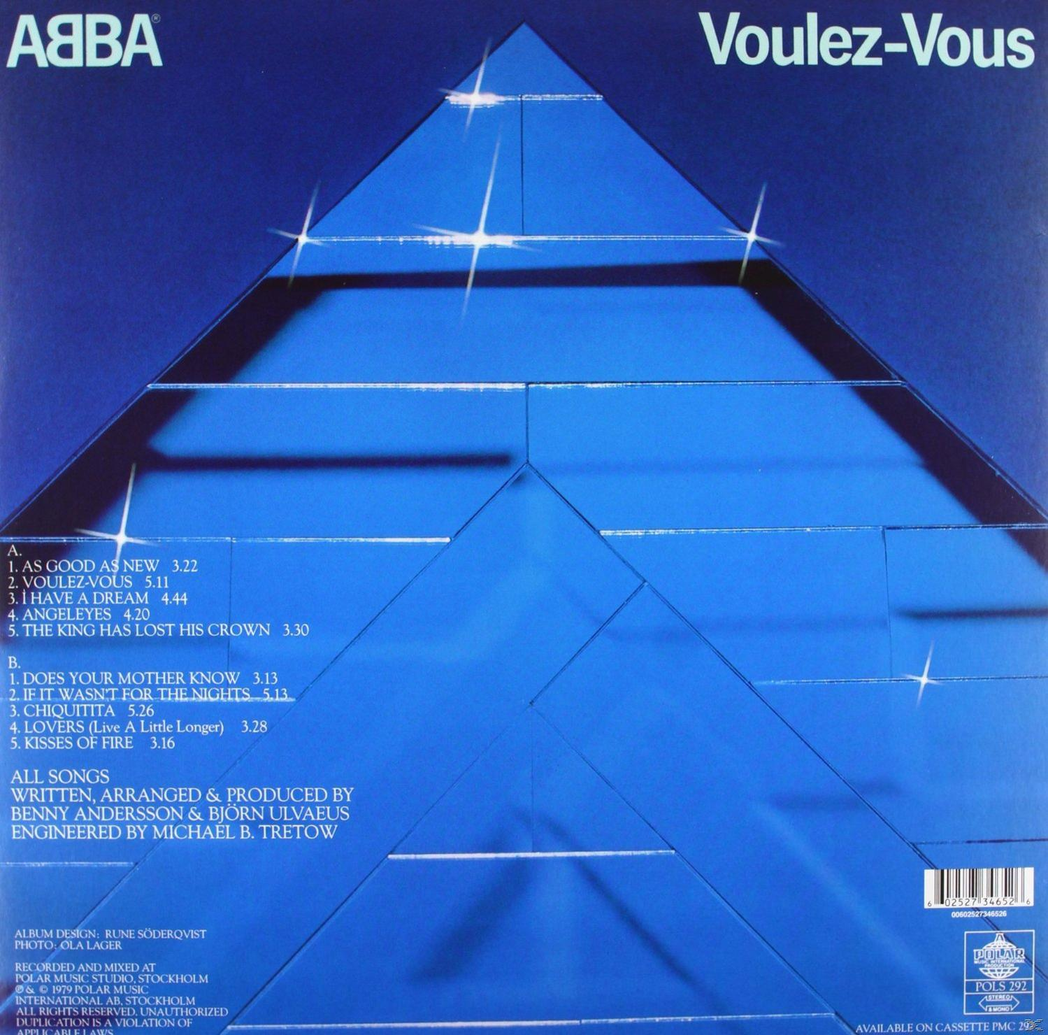 ABBA-Albumcover. Pyramidenform. Blauer Hintergrund. Text. Songtitel.