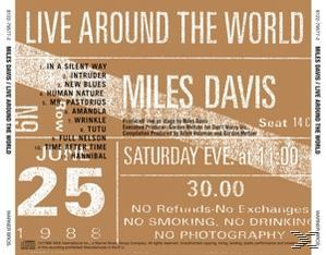 Miles Davis Albumcover mit Text und Grafiken auf tanfarbenem Hintergrund.