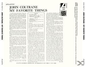 Albumcover: Eine textgefüllte Seite mit dem Titel John Coltrane My Favorite Things. Weiß und schwarz.