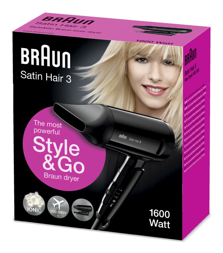 Hair 350 3 Satin Style&Go Watt) BRAUN Haartrockner HD Schwarz (1600