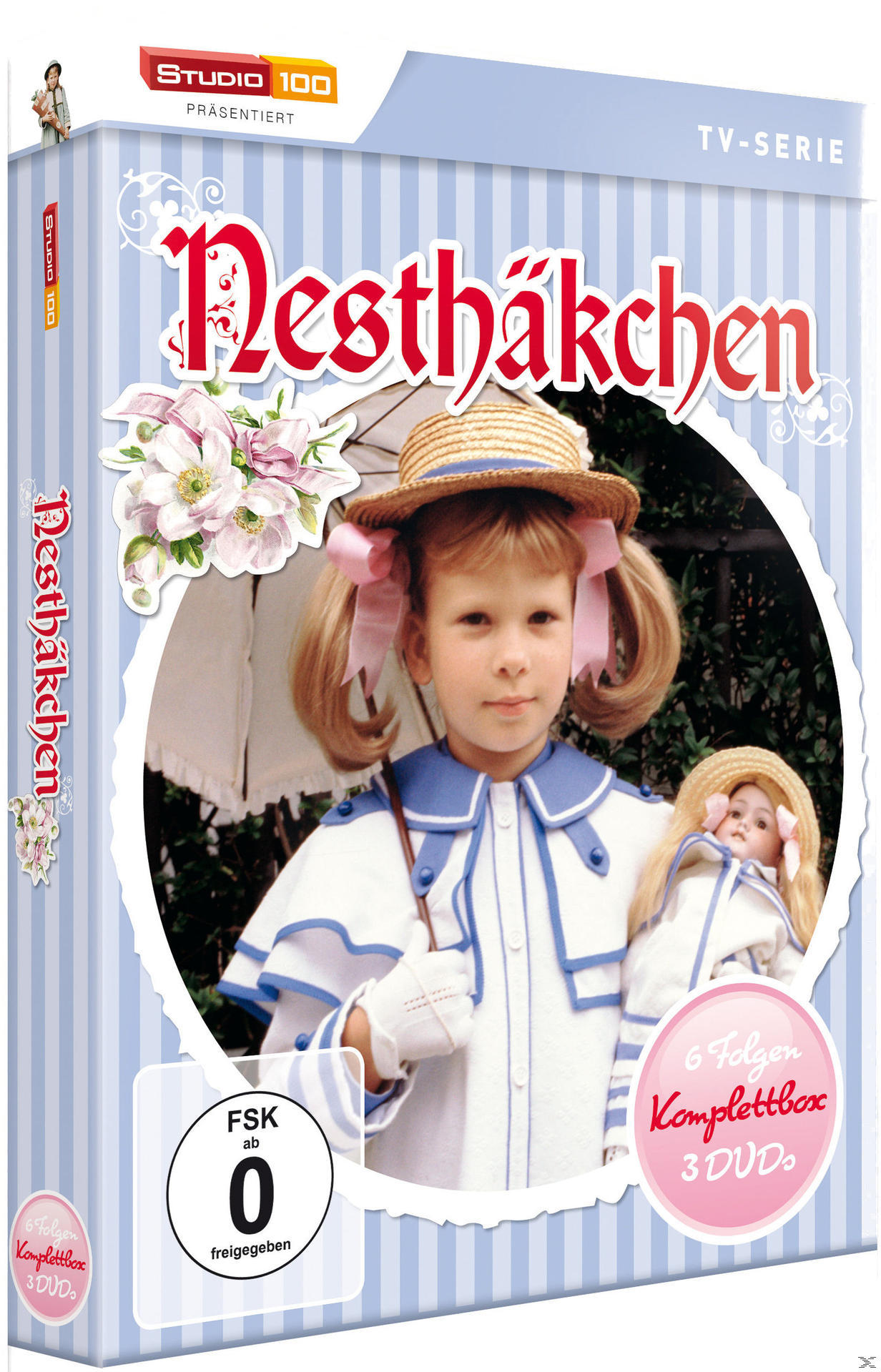 Nestthäkchen DVD-Box mit einem Mädchen, das eine Puppe und einen Regenschirm hält.