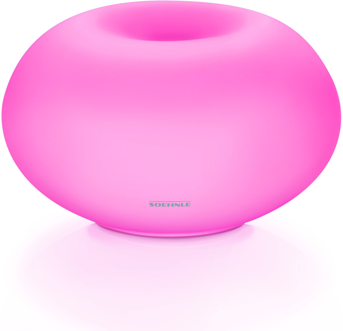 Eine rosa kugelförmige Lampe mit einem Loch oben. Sie steht auf einer weißen Oberfläche.