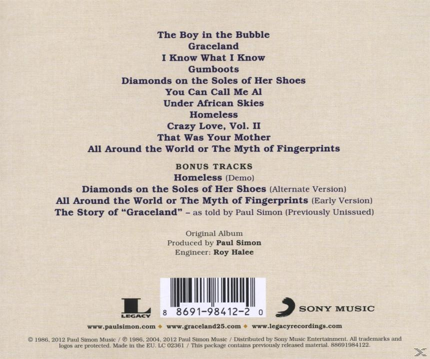 Album-Rückseite: Titelliste, 'Graceland', 'Diamonds on the Soles of Her Shoes', Credits und Logos.