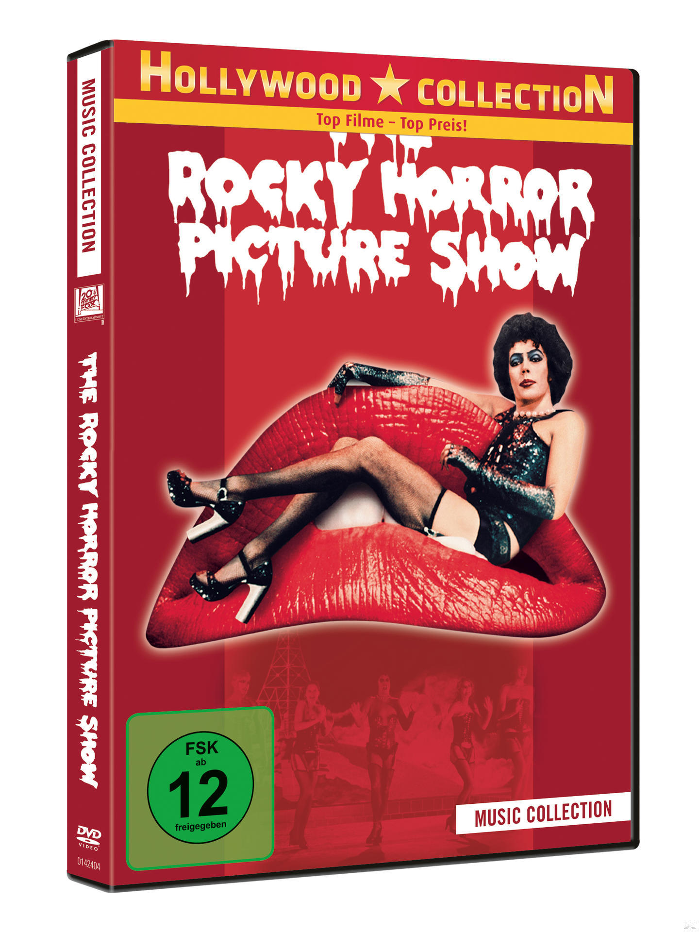 DVD-Cover für Rocky Horror Picture Show. Zeigt eine Frau auf einer roten Lippe. Roter Hintergrund.