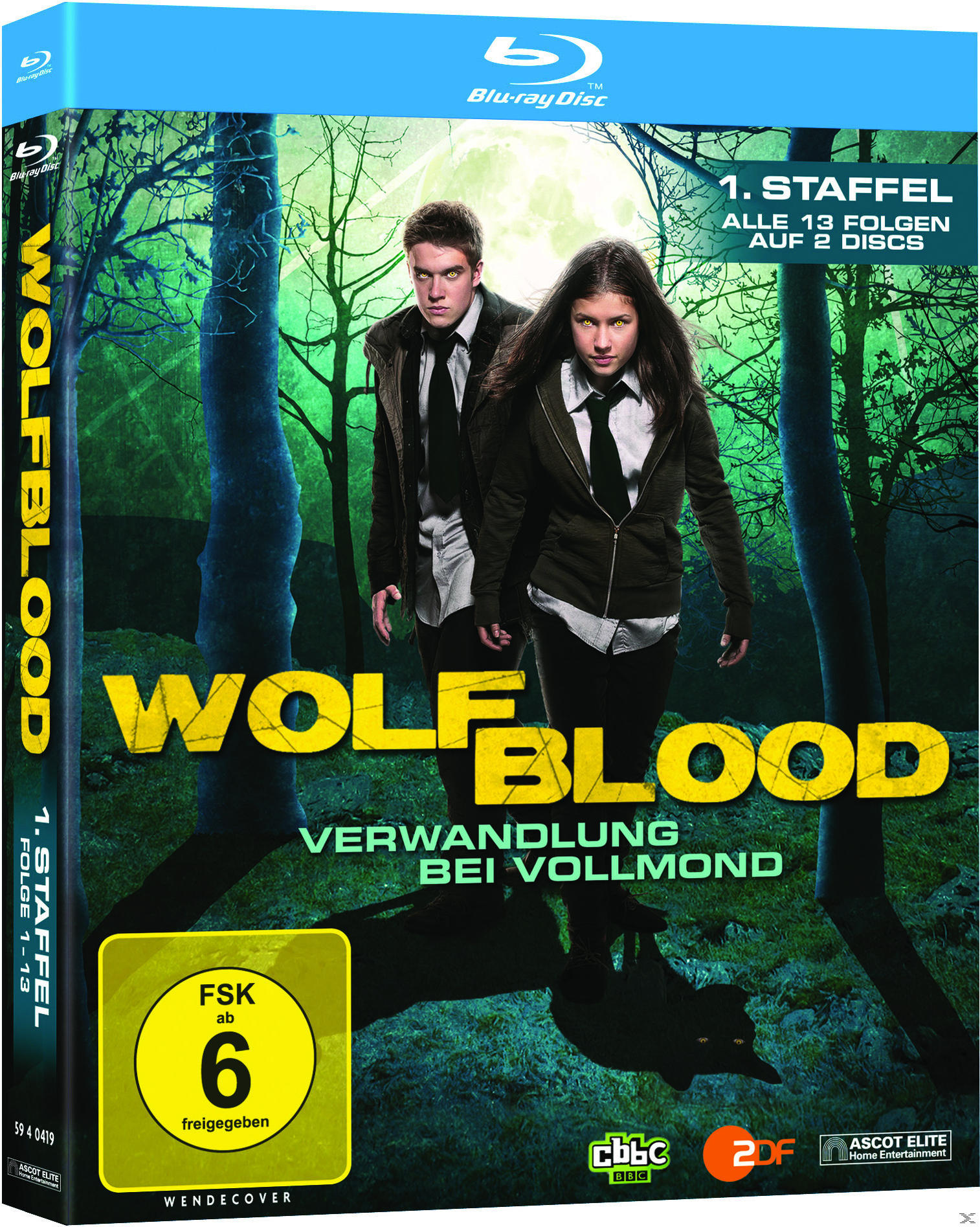 DVD-Cover: Zwei Personen im Wald, Text auf Deutsch für die Wolfblood-TV-Show.