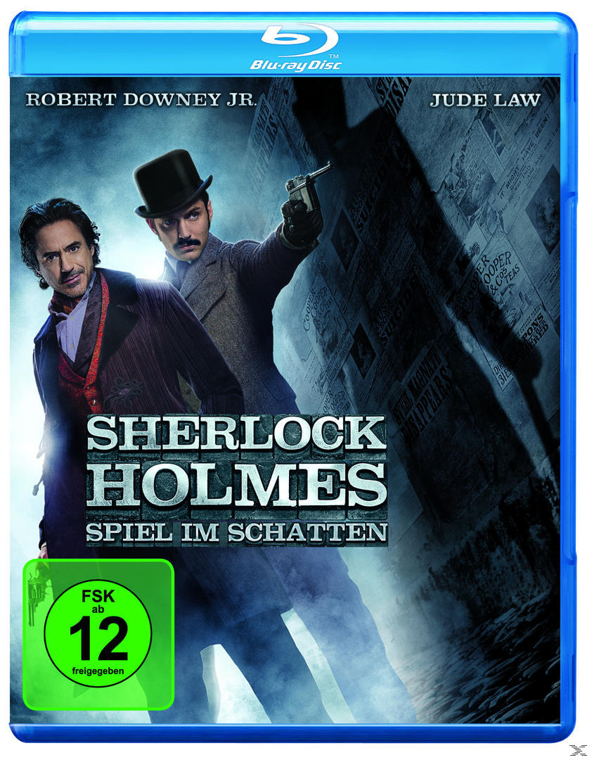 DVD-Cover: Sherlock Holmes Film. Zwei Männer in Anzügen halten Waffen. Text: Sherlock Holmes, Spiel im Schatten.