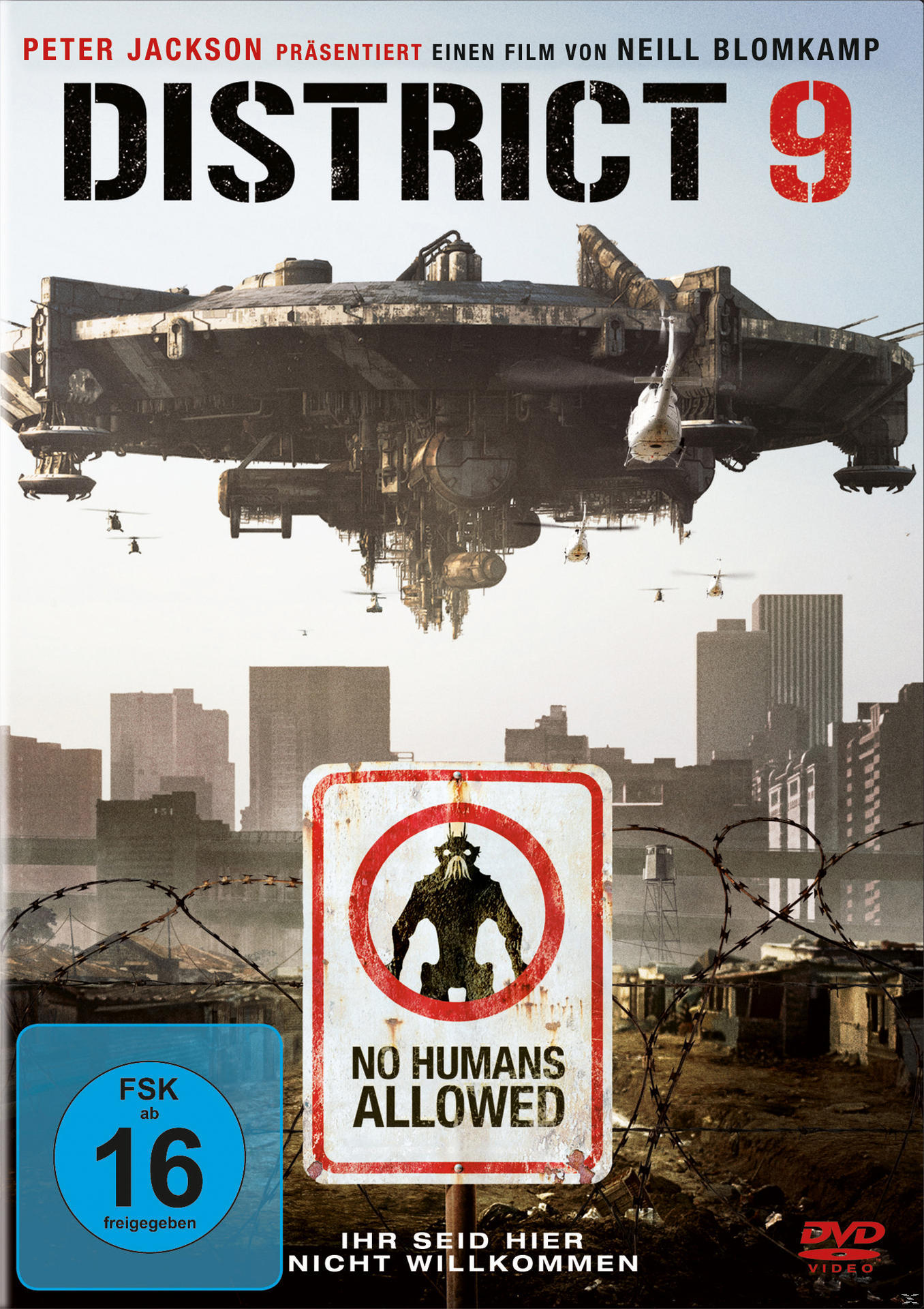Filmplakat mit futuristischer Stadt und einem fliegenden Schiff. Warnschild: Keine Menschen erlaubt.