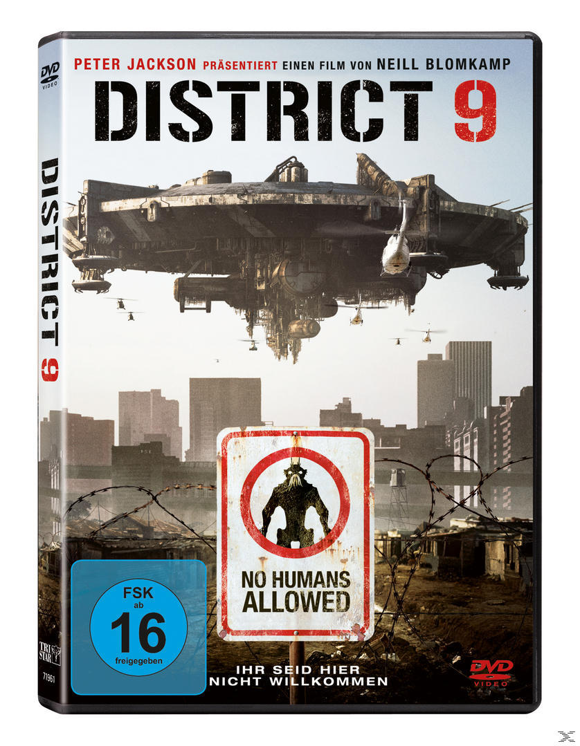 DVD-Cover für District 9. Zeigt ein Raumschiff, Gebäude und ein Schild 'No Humans Allowed'.