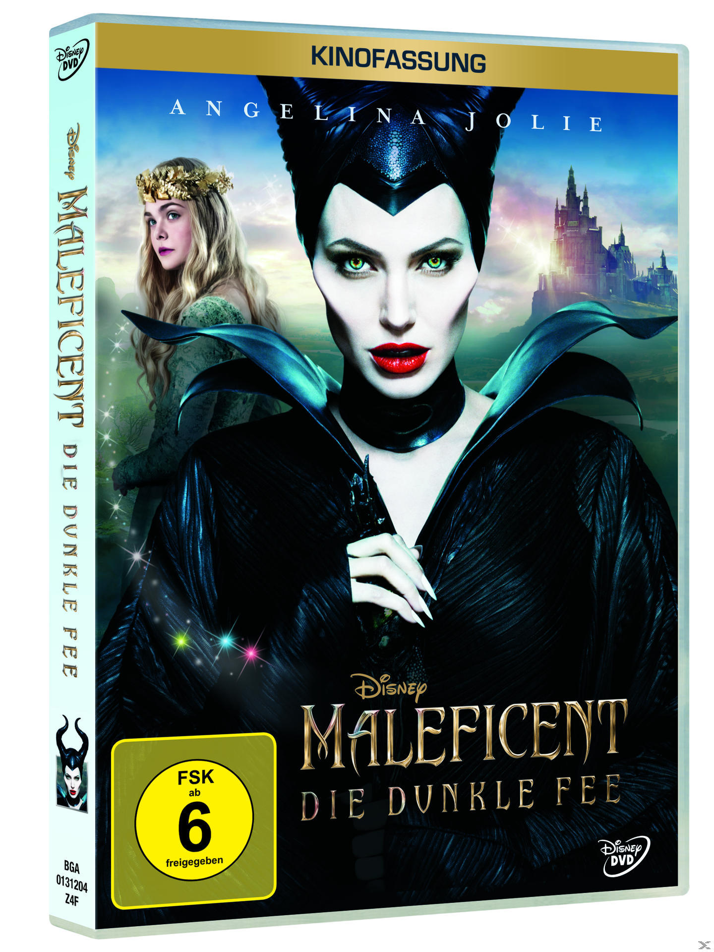 Maleficent DVD-Hülle mit Angelina Jolie und Elle Fanning. Goldener Rand, Kinoversion.