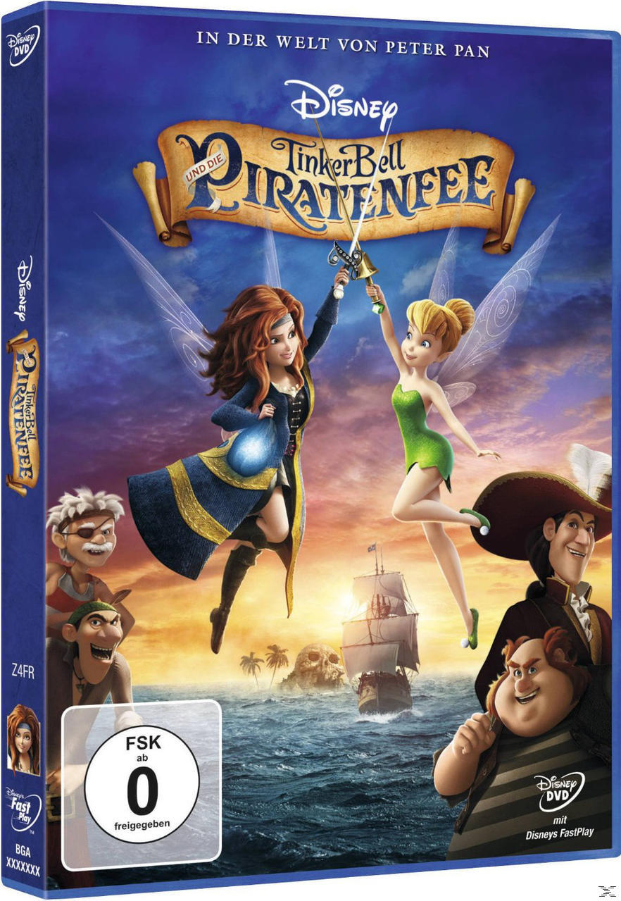 DVD-Cover von 'TinkerBell und die Piratenfee'. Zwei Feen mit Schwertern. Piratenschiff im Hintergrund.