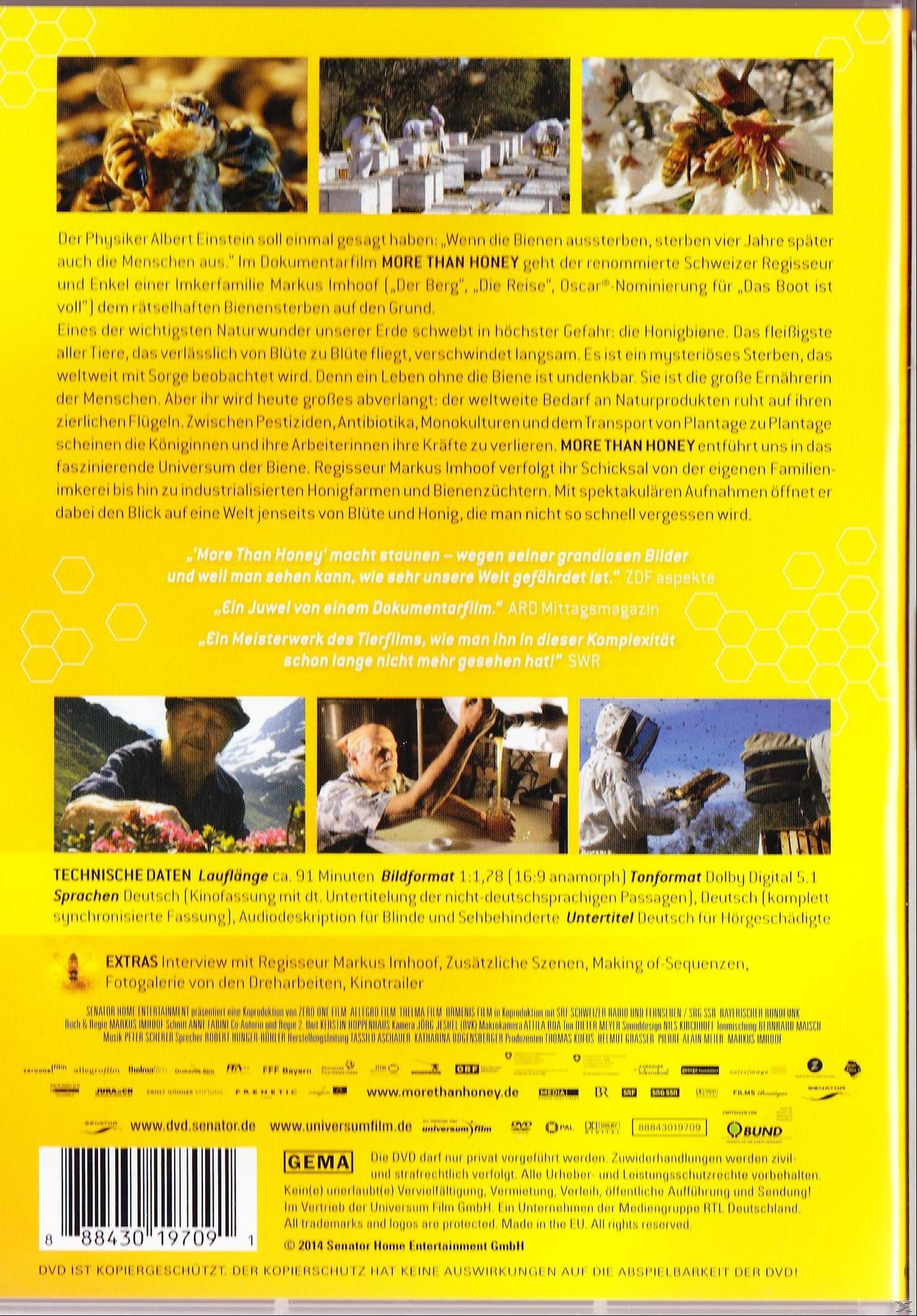 DVD-Cover über Bienen und Honig. Ein Mann betrachtet Bienen und Text ist vorhanden.