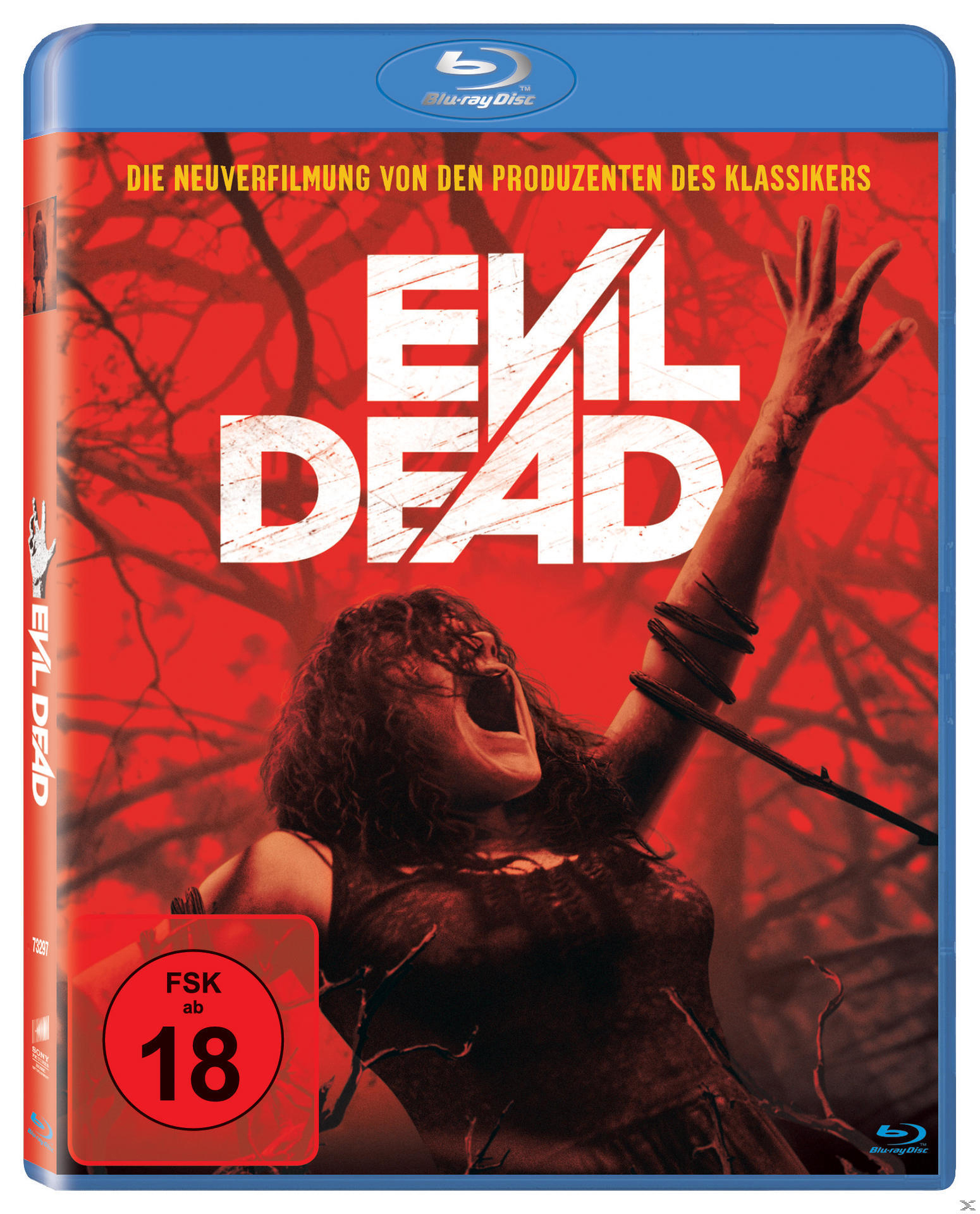 Filmcover: Evil Dead. Frau mit offenem Mund und erhobenen Armen vor rotem Hintergrund. Blaue Blu-ray Disc Hülle.