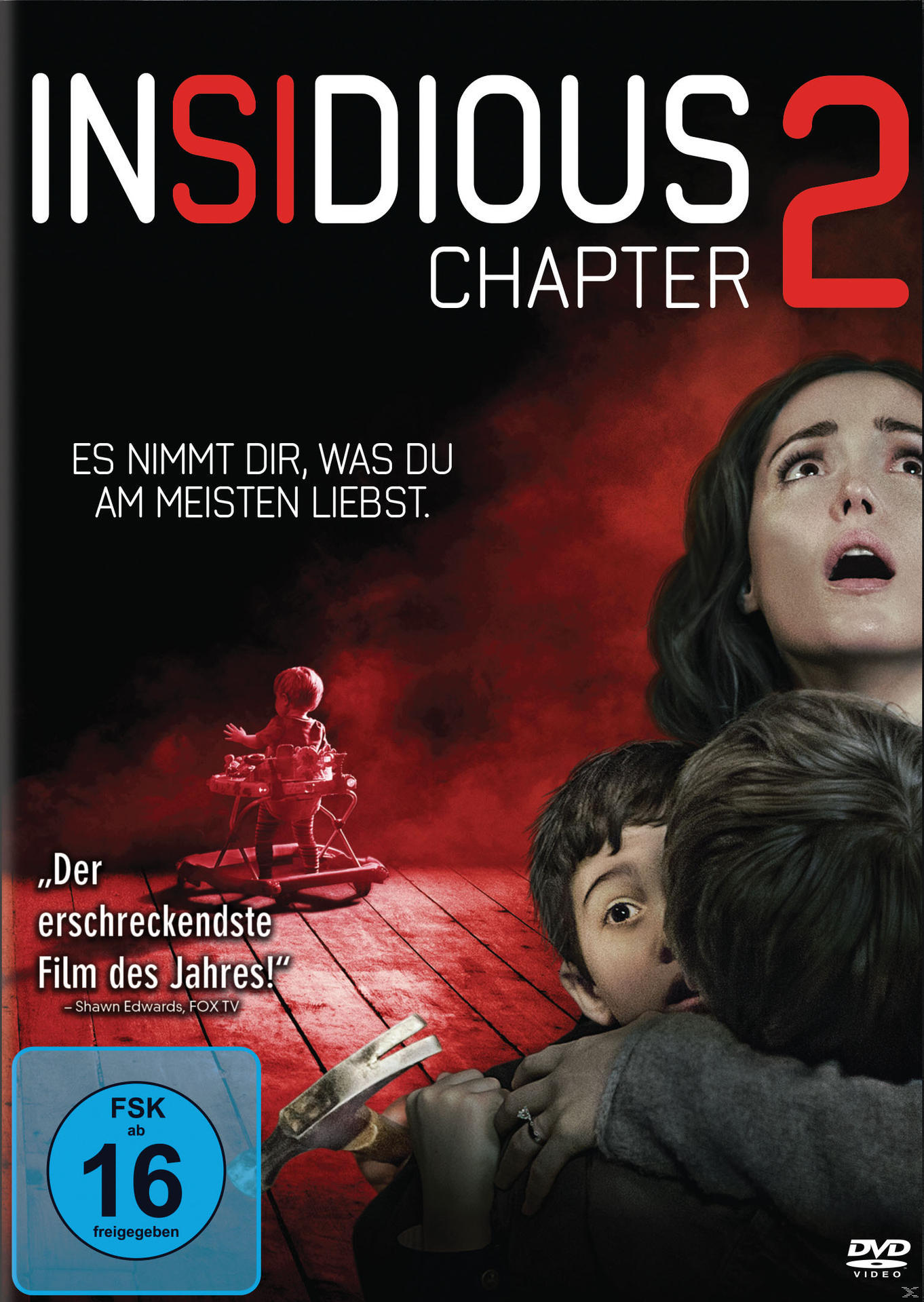 DVD-Cover von Insidious 2. Frau schaut ängstlich nach oben, zwei Kinder verstecken sich hinter ihr.