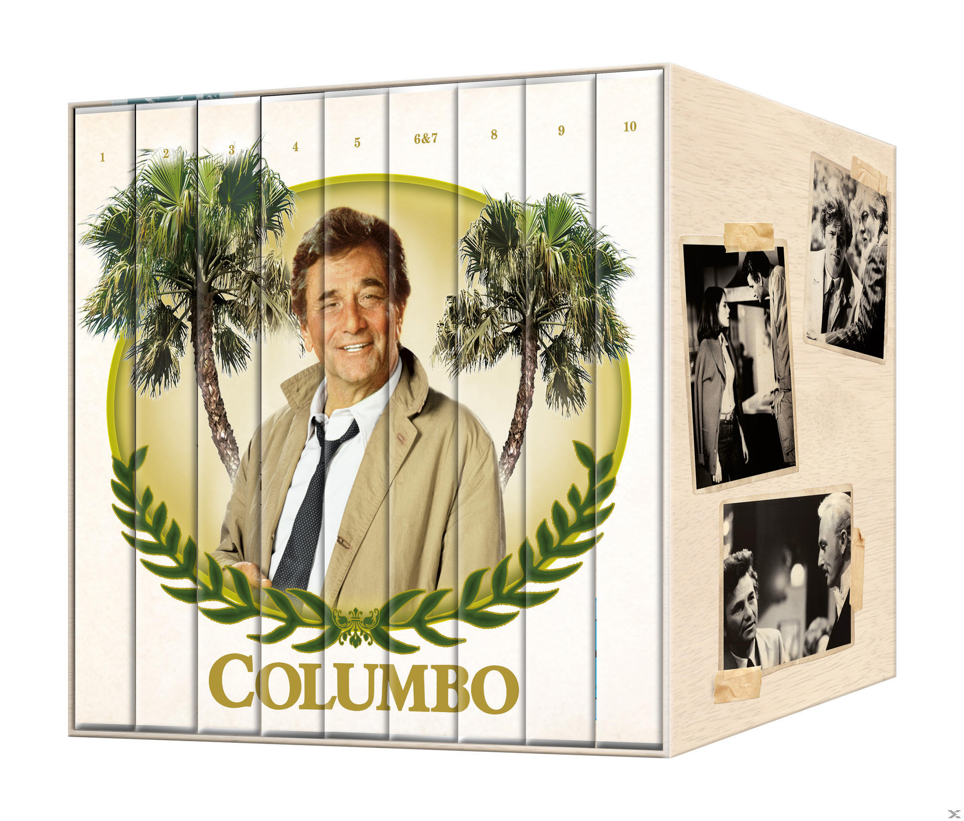Boxset mit Columbo-DVDs. Zeigt Columbo, Palmen und Bilder aus der Serie.