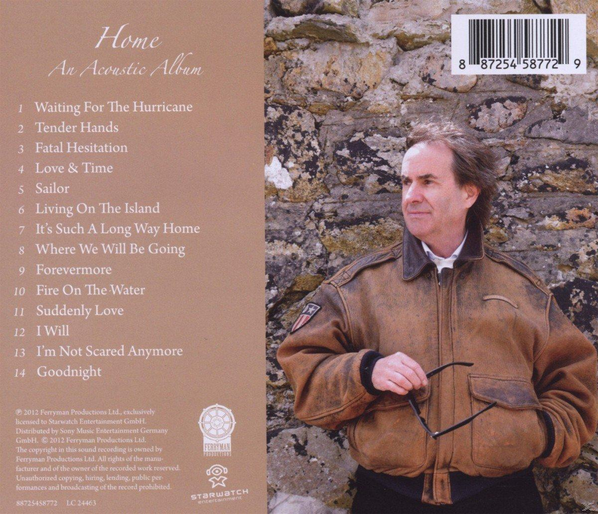 Albumcover: Ein Mann mit Brille, Text: 'Home: An Acoustic Album' und eine Titelliste.