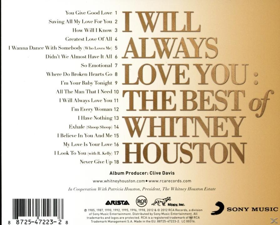 Pochette d'album de Whitney Houston avec une liste de chansons. Le titre de l'album est 'I Will Always Love You'.