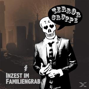 Albumcover von Terror Gruppe. Ein Totenkopf mit Anzug. Hintergrund mit Silhouetten.