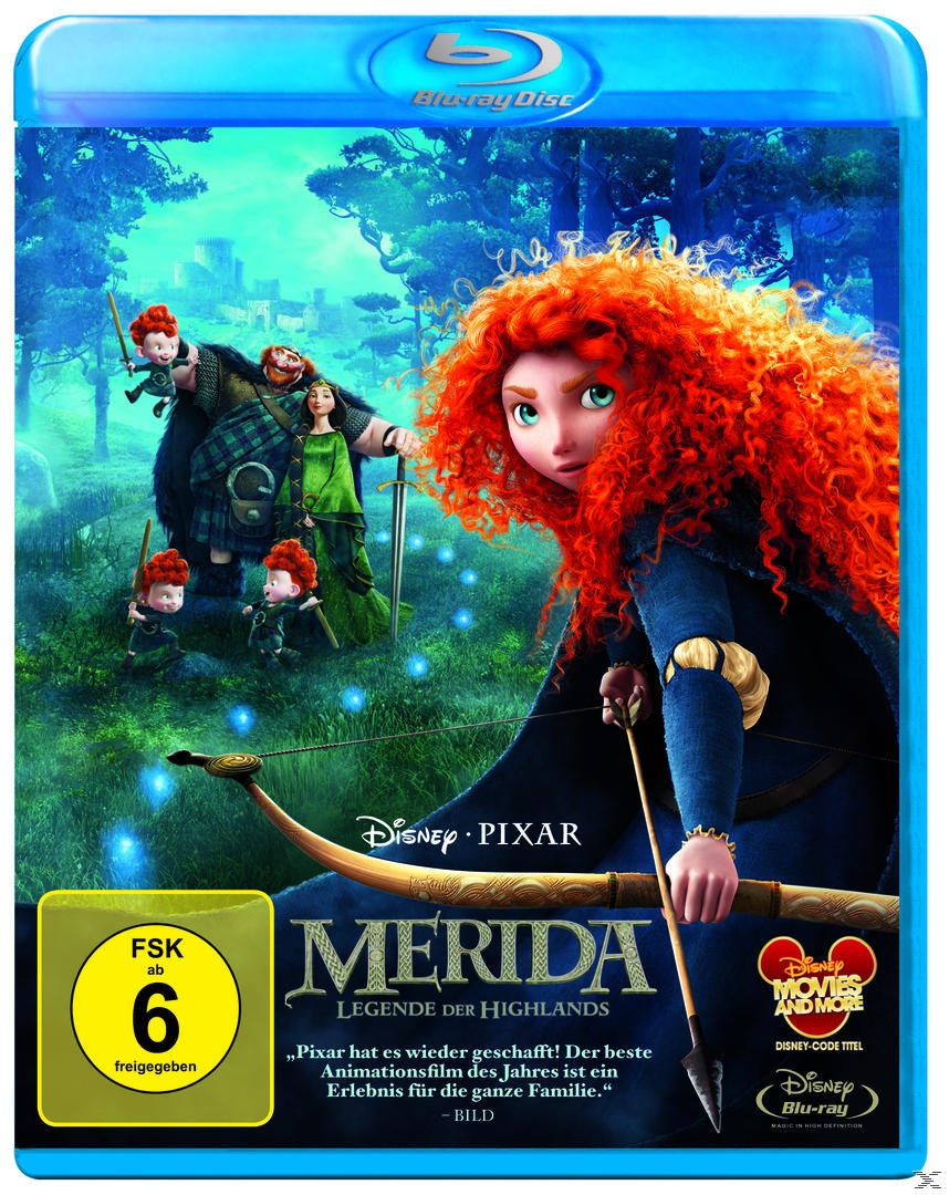 Filmcover. Ein Mädchen mit roten Haaren hält einen Bogen. Text: Merida, Legende der Highlands.