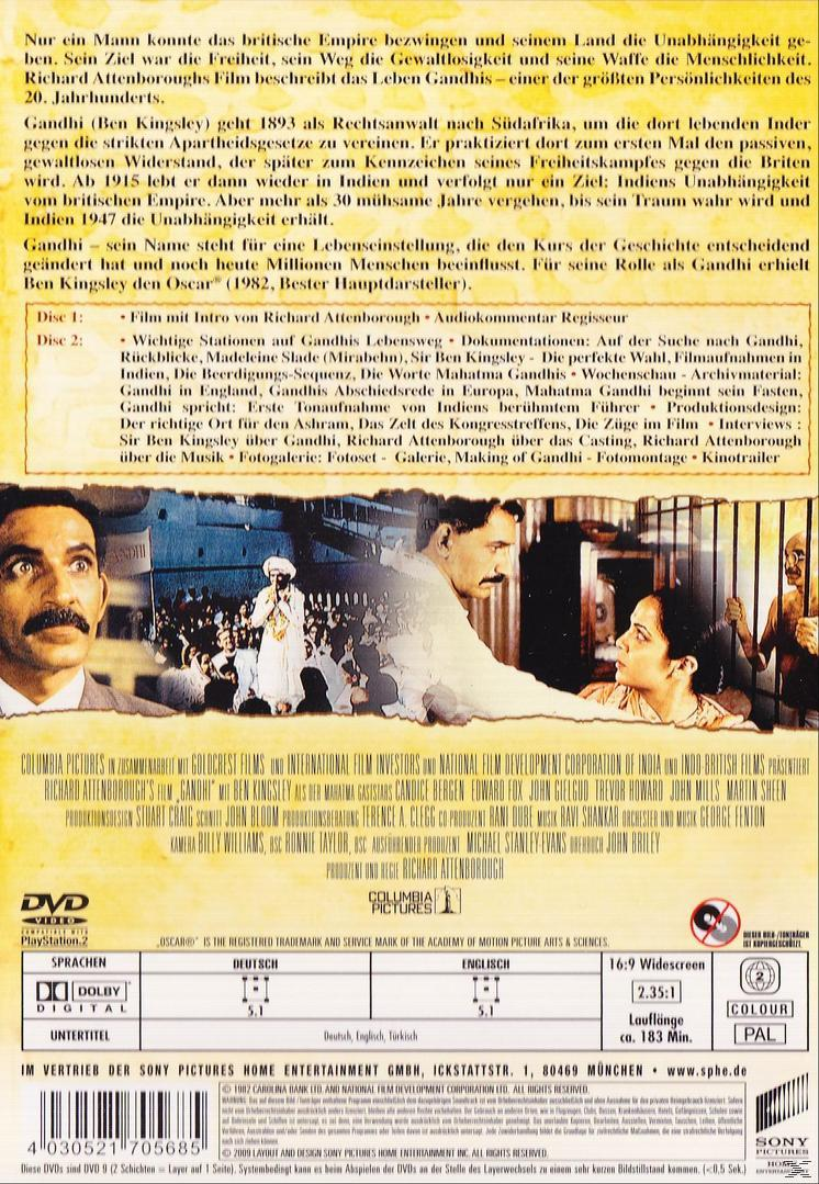 Rückseite der DVD-Hülle. Bilder von Gandhi, Filmbilder und Text in mehreren Sprachen. Der Titel ist auf Englisch.