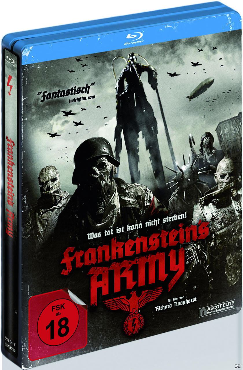 Filmcover von Frankenstein Army. Dunkles Bild mit Zombiesoldaten und einer Monsterfigur.